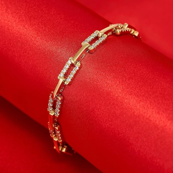 24k Gold Plated 5.5mm Rectangle Link White Cubic Zirconia Diamond Classic Tennis Bracelet for Women | Gold Bracelets for Women | Size 7-8 Inch