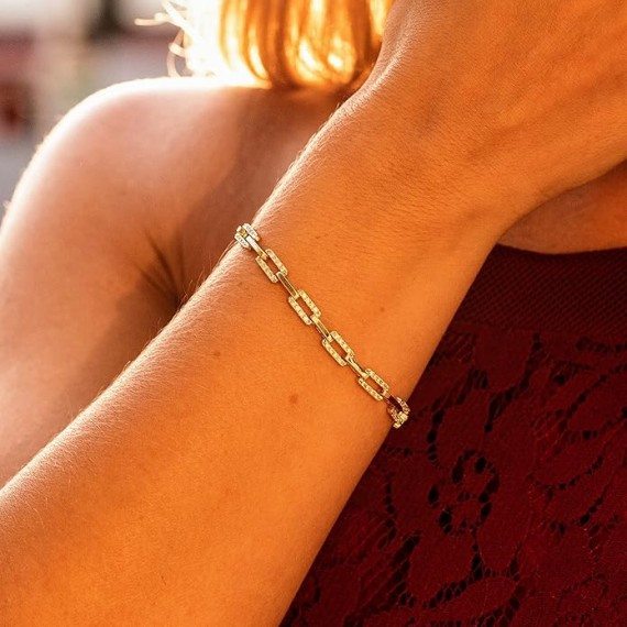 24k Gold Plated 5.5mm Rectangle Link White Cubic Zirconia Diamond Classic Tennis Bracelet for Women | Gold Bracelets for Women | Size 7-8 Inch
