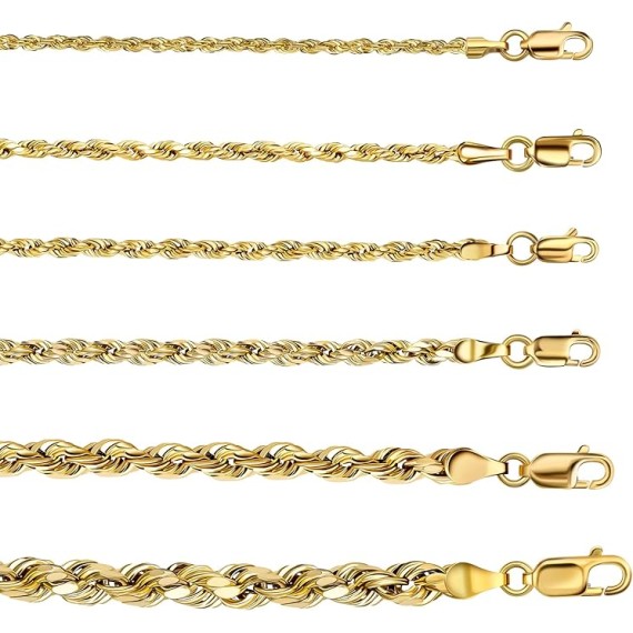 10K Yellow Gold 1.5MM,2MM,2.5MM,3MM,3.5,4MM,5MM,7MM, Diamond Cut Rope Chain Necklace Unisex Sizes 16"-30"