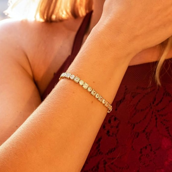 Circle and Square Diamond Tennis Bracelet for Women | Tennis Bracelet Men | Gold Bracelets for Women 24k Plated Gold Jewelry for Women | Size 7-8 Inch
