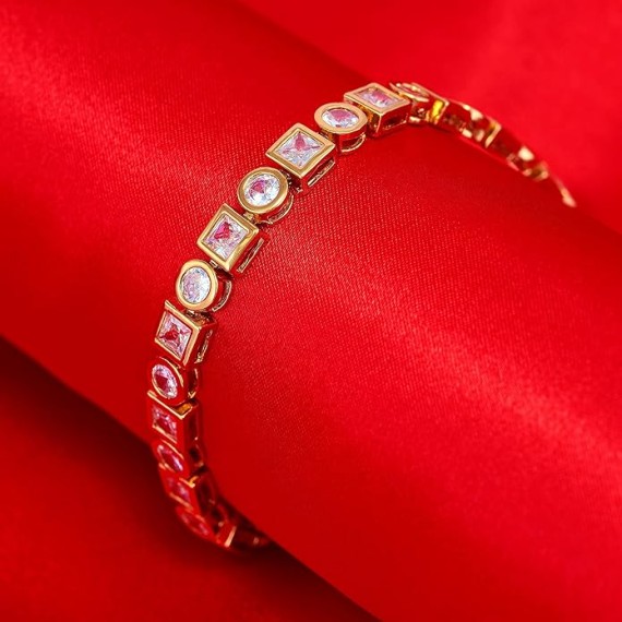 Circle and Square Diamond Tennis Bracelet for Women | Tennis Bracelet Men | Gold Bracelets for Women 24k Plated Gold Jewelry for Women | Size 7-8 Inch