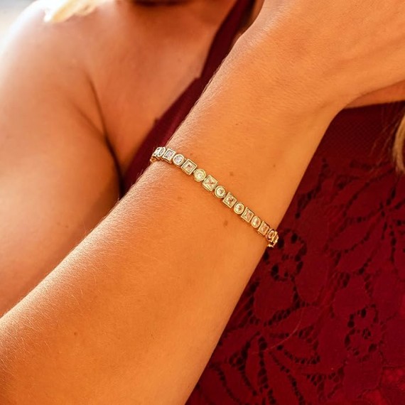 Circle and Square Diamond Tennis Bracelet for Women | Tennis Bracelet Men | Gold Bracelets for Women 24k Plated Gold Jewelry for Women | Size 7-8 Inch