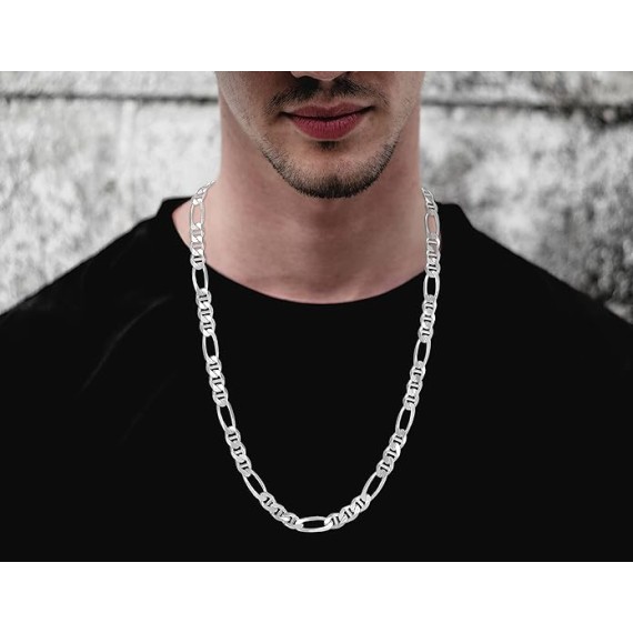 925 Sterling Silver Italian Solid Figarucci Figaro Mariner Flat Link Chain Necklace For Men & Women - Made in Italy Comes Gift Box