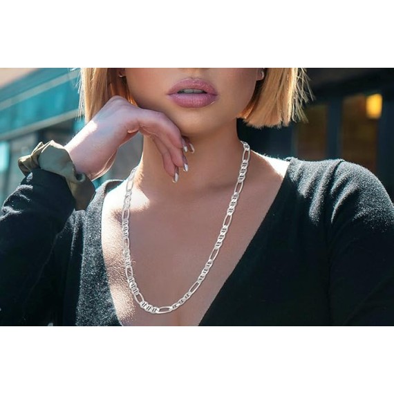 925 Sterling Silver Italian Solid Figarucci Figaro Mariner Flat Link Chain Necklace For Men & Women - Made in Italy Comes Gift Box