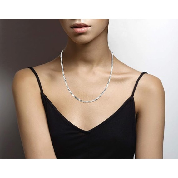 Solid 925 Sterling Silver Italian 3.5mm Square Link Round Box Chain Necklace for Women Men, Made in Italy