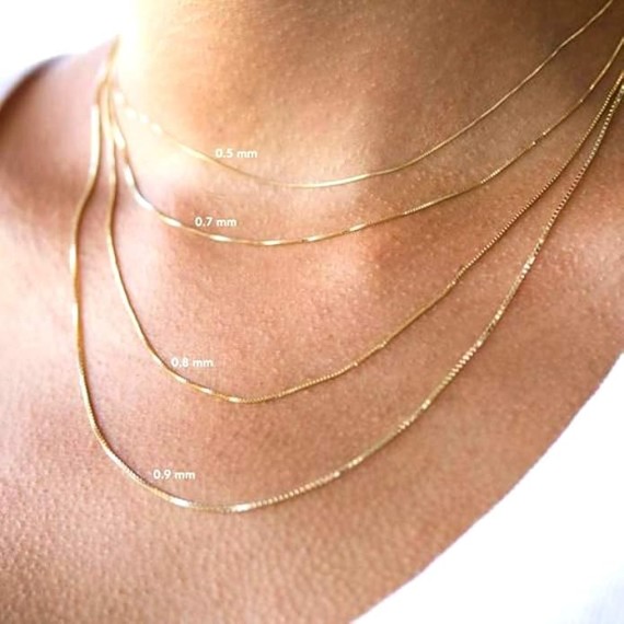 14k Real Solid Gold Mirror Box Chain Necklace, 0.45mm