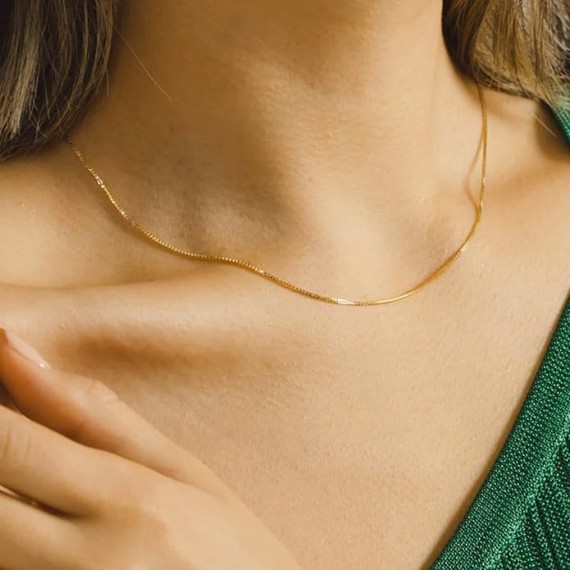14k Real Solid Gold Mirror Box Chain Necklace, 0.45mm