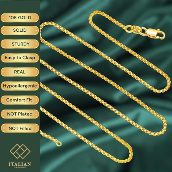 REAL Solid 10K Yellow or White Gold 0.50mm - 1.3mm Diamond-Cut Square Mirror Box Veneziana Chain Necklace with Lobster Claw Clasp | Multiple Lengths Available | Men Women | MADE IN ITALY