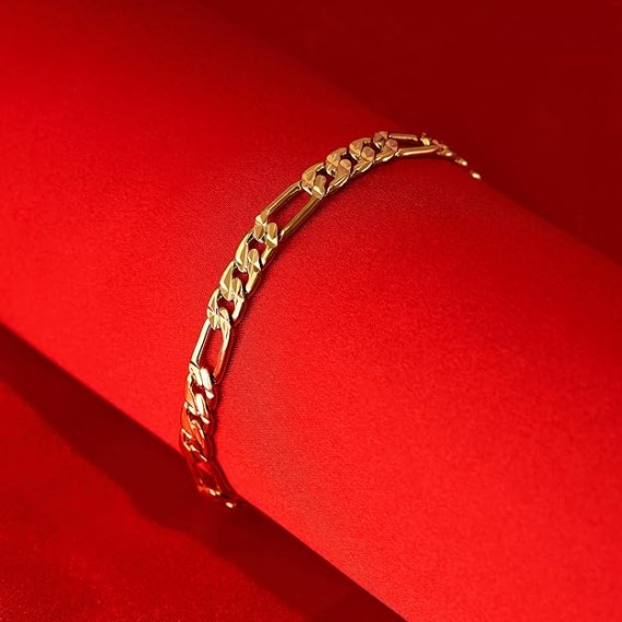 Swiss Diamond Cut Figaro Bracelet 24k Real Gold Plated Bracelets for Women and Mens Bracelet