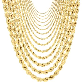 10K Yellow Gold Rope Diamond Cut Chain Necklace/Lengths 16"- 30" / Widths 1.5mm - 10mm / Italian Made Jewelry for Men and Women