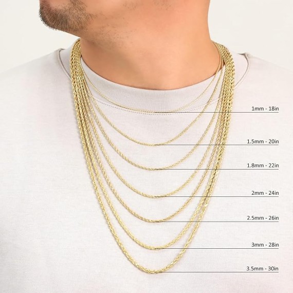 10K Yellow Gold Rope Diamond Cut Chain Necklace/Lengths 16"- 30" / Widths 1.5mm - 10mm / Italian Made Jewelry for Men and Women