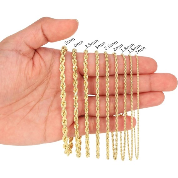10K Yellow Gold Rope Diamond Cut Chain Necklace/Lengths 16"- 30" / Widths 1.5mm - 10mm / Italian Made Jewelry for Men and Women