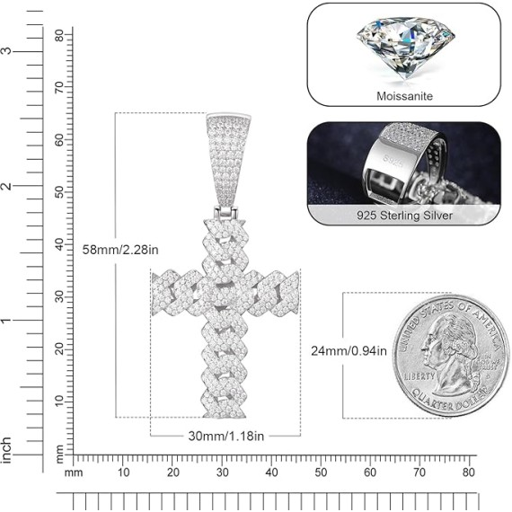 Moissanite Cross Necklace 2.7 Carat Iced Out Moissanite Cross Pendant 925 Sterling Silver Cross Chain Necklace D Color VVS1 Diamond 18k Gold Plated Christian Pendant