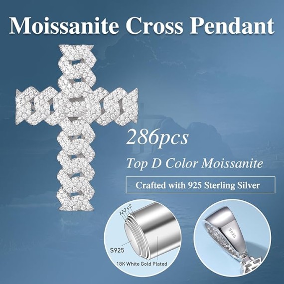 Moissanite Cross Necklace 2.7 Carat Iced Out Moissanite Cross Pendant 925 Sterling Silver Cross Chain Necklace D Color VVS1 Diamond 18k Gold Plated Christian Pendant