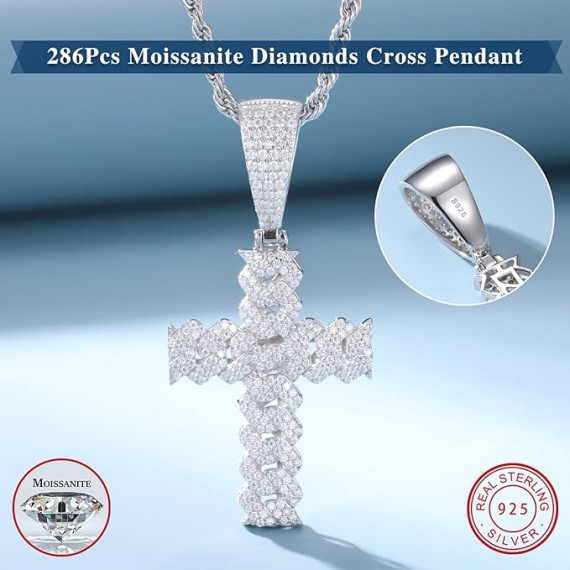 Moissanite Cross Necklace 2.7 Carat Iced Out Moissanite Cross Pendant 925 Sterling Silver Cross Chain Necklace D Color VVS1 Diamond 18k Gold Plated Christian Pendant