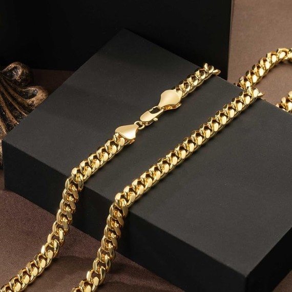 7MM Gold Necklace 14K Gold Chain Necklace Woman Mens Chain Necklaces Gold Cuban Link Chain for Men & Women Non Tarnish Gold Necklace Cuban Chain 16'' 18'' 20'' 22'' 24'' 26'' 30''