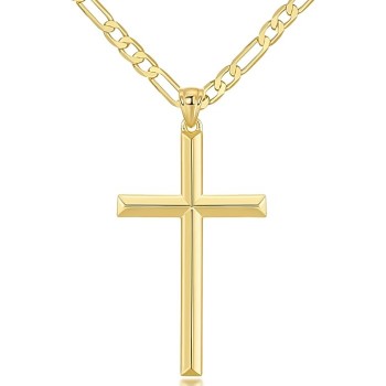 Cross Necklace Gold Cross Necklace for Mens Cross Necklaces Faithful Figaro Cross Chain Gold Cross Pendant Timeless Elegance 20", 22", 24"