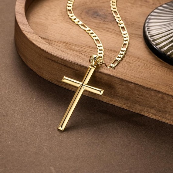 Cross Necklace Gold Cross Necklace for Mens Cross Necklaces Faithful Figaro Cross Chain Gold Cross Pendant Timeless Elegance 20", 22", 24"