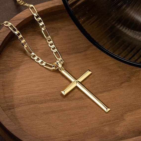 Cross Necklace Gold Cross Necklace for Mens Cross Necklaces Faithful Figaro Cross Chain Gold Cross Pendant Timeless Elegance 20", 22", 24"