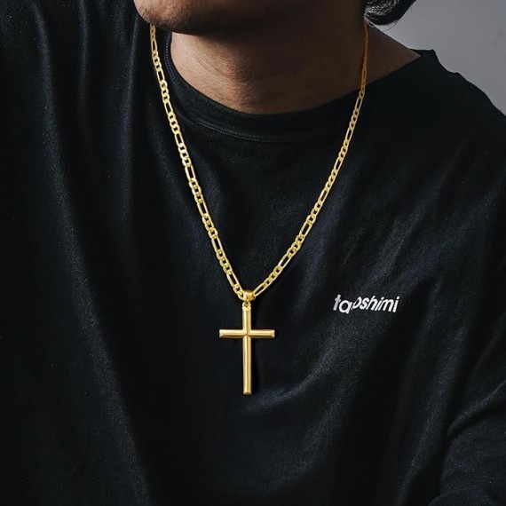 Cross Necklace Gold Cross Necklace for Mens Cross Necklaces Faithful Figaro Cross Chain Gold Cross Pendant Timeless Elegance 20", 22", 24"