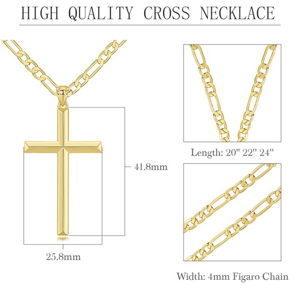 Cross Necklace Gold Cross Necklace for Mens Cross Necklaces Faithful Figaro Cross Chain Gold Cross Pendant Timeless Elegance 20", 22", 24"