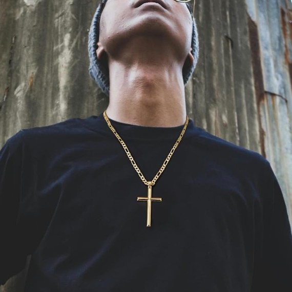 Cross Necklace Gold Cross Necklace for Mens Cross Necklaces Faithful Figaro Cross Chain Gold Cross Pendant Timeless Elegance 20", 22", 24"