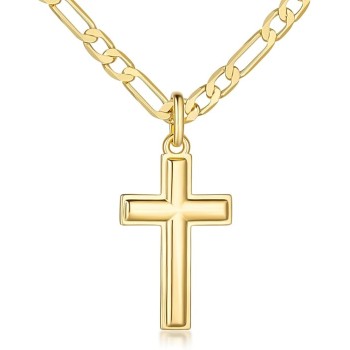 Gold Cross Necklace for Mens Cross Chain Faithful Gold Cross Pendant for Men Cross Chain 3-in-1 Figaro Chain Mens Cross Necklaces 22in