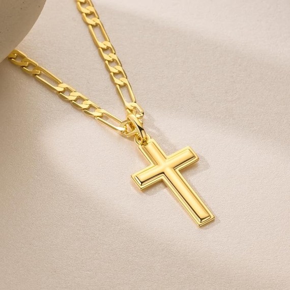 Gold Cross Necklace for Mens Cross Chain Faithful Gold Cross Pendant for Men Cross Chain 3-in-1 Figaro Chain Mens Cross Necklaces 22in