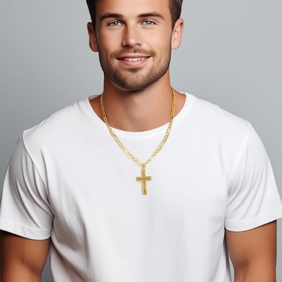 Gold Cross Necklace for Mens Cross Chain Faithful Gold Cross Pendant for Men Cross Chain 3-in-1 Figaro Chain Mens Cross Necklaces 22in