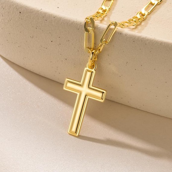 Gold Cross Necklace for Mens Cross Chain Faithful Gold Cross Pendant for Men Cross Chain 3-in-1 Figaro Chain Mens Cross Necklaces 22in