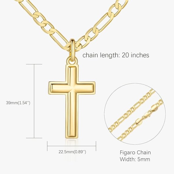 Gold Cross Necklace for Mens Cross Chain Faithful Gold Cross Pendant for Men Cross Chain 3-in-1 Figaro Chain Mens Cross Necklaces 22in