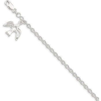 Solid 925 Sterling Silver Dove Pendant Charm Bracelet - with Secure Lobster Lock Clasp (17mm)
