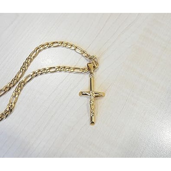 18K Gold Crucifix Cross Chain Style Small Cross Pendant Necklace 5MM Cross Necklace Clasp for Men, Women, Husband, Wife Thin for Charms Cuban Link Diamond Cut Religious Gift