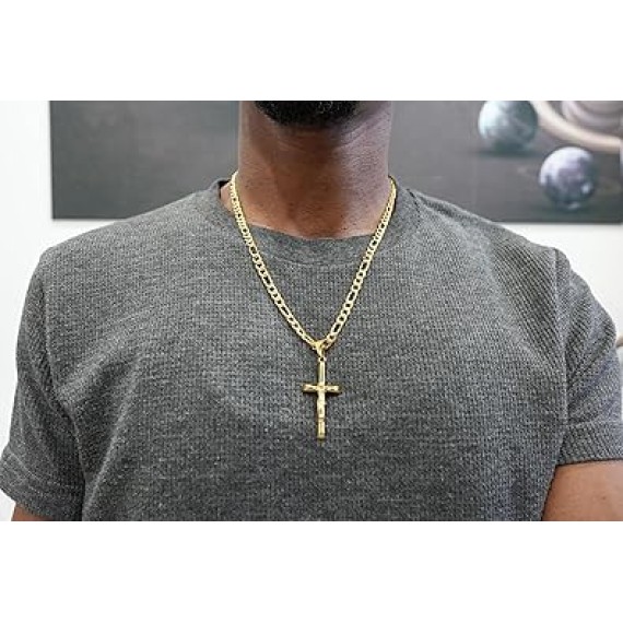 18K Gold Crucifix Cross Chain Style Small Cross Pendant Necklace 5MM Cross Necklace Clasp for Men, Women, Husband, Wife Thin for Charms Cuban Link Diamond Cut Religious Gift