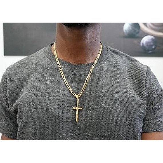 18K Gold Crucifix Cross Chain Style Small Cross Pendant Necklace 5MM Cross Necklace Clasp for Men, Women, Husband, Wife Thin for Charms Cuban Link Diamond Cut Religious Gift