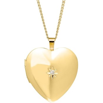 14KT GF Large Heart Polished Locket with Genuine Diamond, 18"