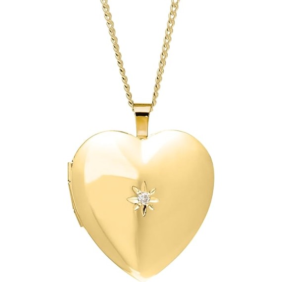 14KT GF Large Heart Polished Locket with Genuine Diamond, 18"