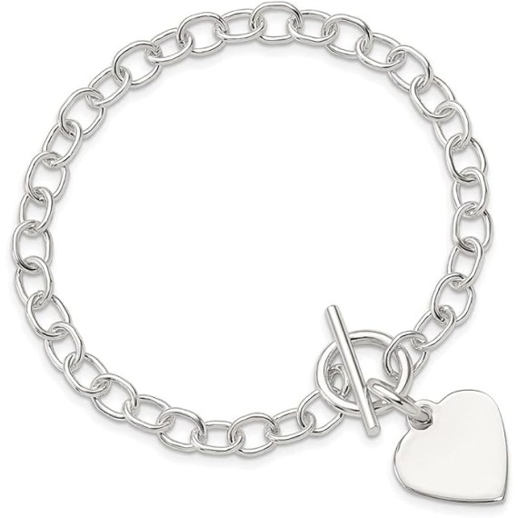 Polished Engravable Personalized Custom 925 Sterling Silver Polished Heart Charm Bracelet For Women Length 7.5 inches Width 15 mm