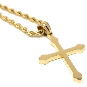14K Gold Cross Necklace Pendant Charm with 3MM Rope Chain Gift for Men Women Baptism Religious Fashion Jewelry