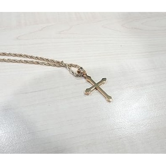 14K Gold Cross Necklace Pendant Charm with 3MM Rope Chain Gift for Men Women Baptism Religious Fashion Jewelry