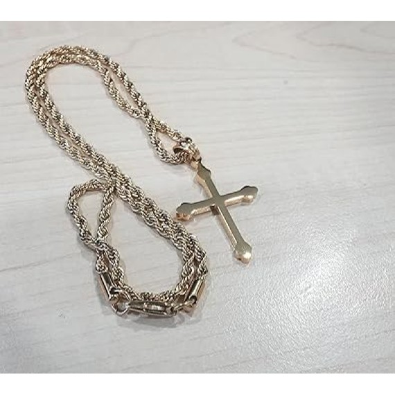14K Gold Cross Necklace Pendant Charm with 3MM Rope Chain Gift for Men Women Baptism Religious Fashion Jewelry
