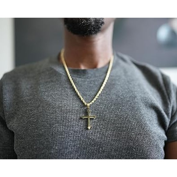 14K Gold Cross Necklace Pendant Charm with 3MM Rope Chain Gift for Men Women Baptism Religious Fashion Jewelry