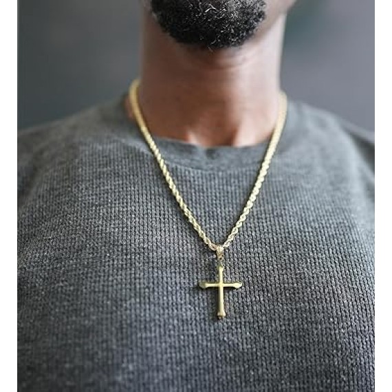 14K Gold Cross Necklace Pendant Charm with 3MM Rope Chain Gift for Men Women Baptism Religious Fashion Jewelry