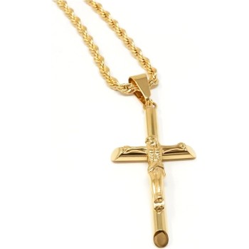 24K Gold Rope Chain Crucifix Style Cross Pendant Necklace 3MM Cross Necklace Clasp for MEN, HUSBAND Thin for Charms Miami Cuban Link Diamond Cut Religious