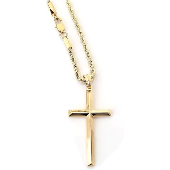 18K Gold Rope Chain Style Cross Pendant Necklace 3MM Cross Necklace Clasp for MEN, HUSBAND Thin for Charms Miami Cuban Link Diamond Cut Religious Beveled Edge