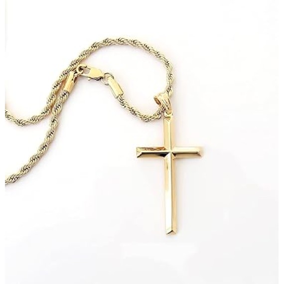 18K Gold Rope Chain Style Cross Pendant Necklace 3MM Cross Necklace Clasp for MEN, HUSBAND Thin for Charms Miami Cuban Link Diamond Cut Religious Beveled Edge