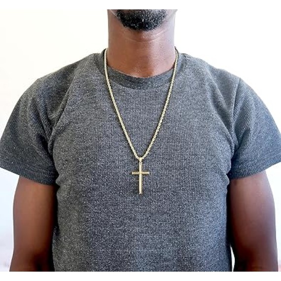 18K Gold Rope Chain Style Cross Pendant Necklace 3MM Cross Necklace Clasp for MEN, HUSBAND Thin for Charms Miami Cuban Link Diamond Cut Religious Beveled Edge