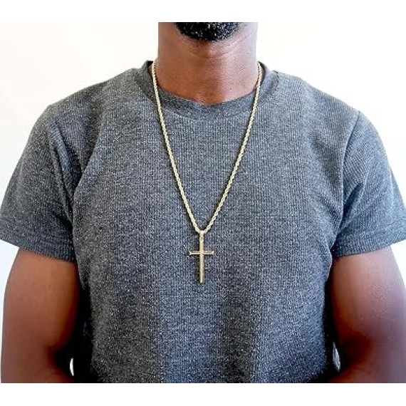 18K Gold Rope Chain Style Cross Pendant Necklace 3MM Cross Necklace Clasp for MEN, HUSBAND Thin for Charms Miami Cuban Link Diamond Cut Religious Beveled Edge