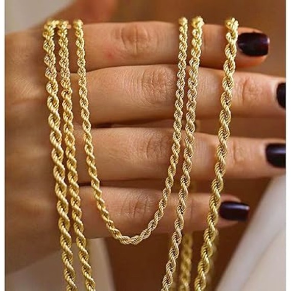 14K Yellow Gold Twisted Rope Necklace, 3.2mm & 4.2mm Width, Great Gift for Men and Women (Available in Lengths from 16 to 36 Inches) (4.2mm, 22，inch)