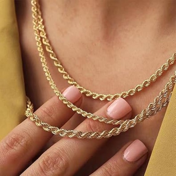14K Yellow Gold Twisted Rope Necklace, 3.2mm & 4.2mm Width, Great Gift for Men and Women (Available in Lengths from 16 to 36 Inches) (4.2mm, 22，inch)